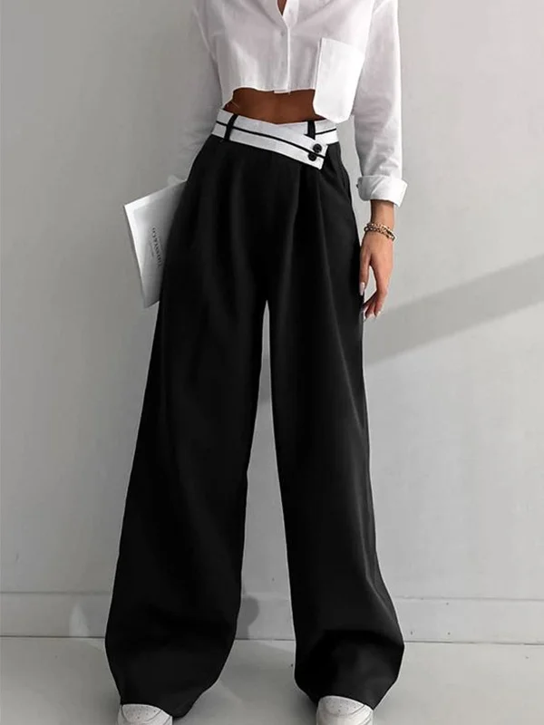 BerryBetty - Asymmetrical Contrast Waistband Wide Leg Dress Pants