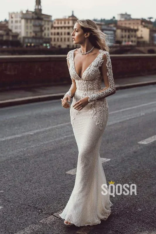 Attractive Deep V-neck Illusion Long Sleeve Appliques Lace Mermaid Wedding Dress QW0882