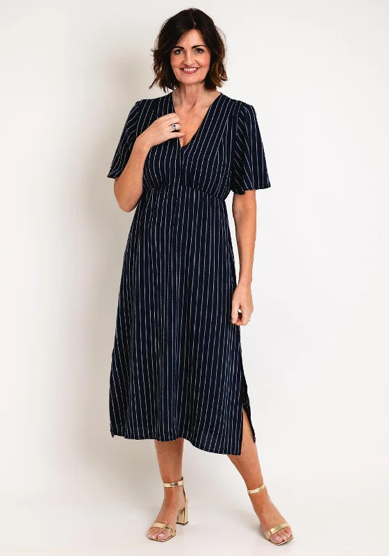 Serafina Collection V-Neckline Striped A-Line Midi Dress, Navy