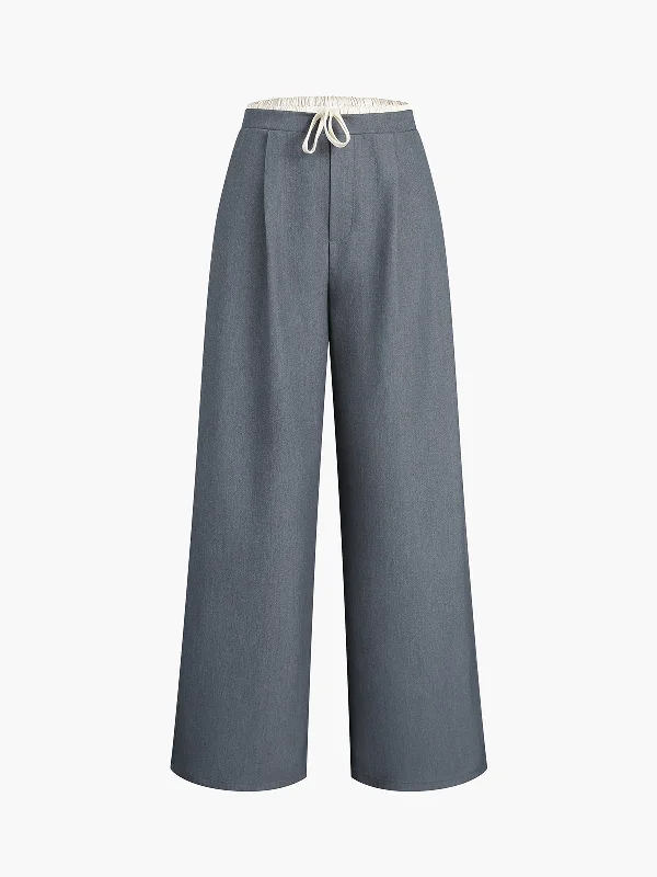 BerryBetty - Drawstring Pockets Smart Wide Leg Pants