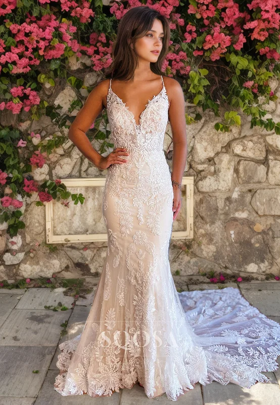 Plunging V necl Allover Lace Wedding Dress with Train Bridal Gown