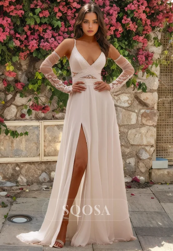 A Line V Neck Chiffon Appliques Boho Wedding Dress with Slit