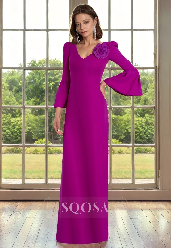 Sheath V Neck Long Sleeves Elegant Mother of the Bride Dress Long Cocktail Dress