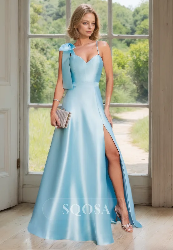 Sweetheart Spaghetti Straps A-Line Cocktail Dress Satin Slit Mother of the Bride Dress with Bow