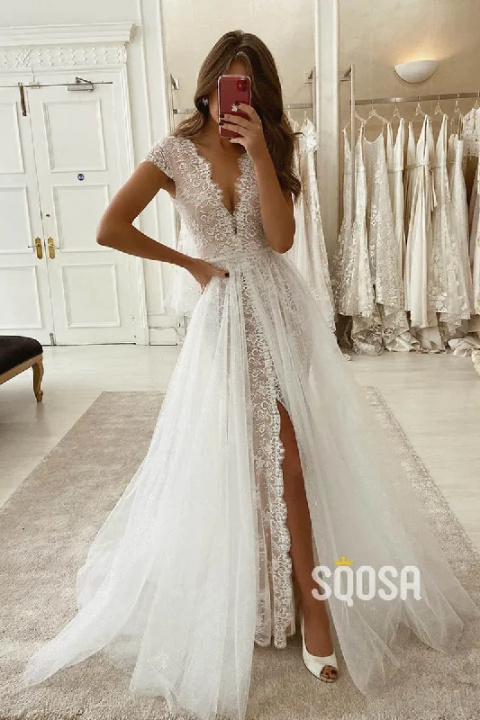 A-line Unique Cap Sleeves V-neck High Split Lace Wedding Dress Bohemian Wedding Gown QW2242