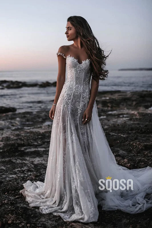 A-line Illusion Neckline Lace Bohemian Wedding Dress QW2321