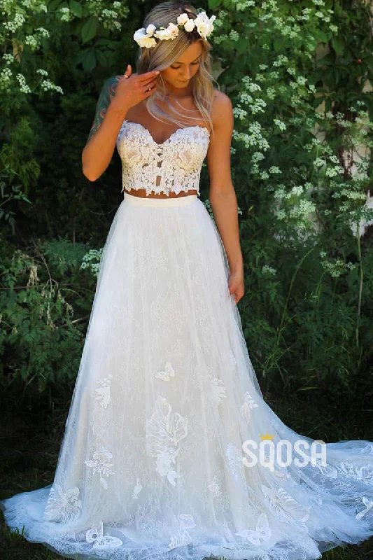 A-line Sweetheart Chic Appliques Two Piece Beach Wedding Dress QW2367