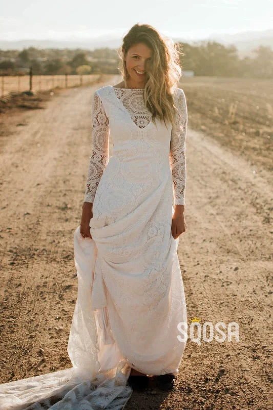 Ivory Exquisite Lace Long Sleeves Bohemian Wedding Dress Backless QW2486