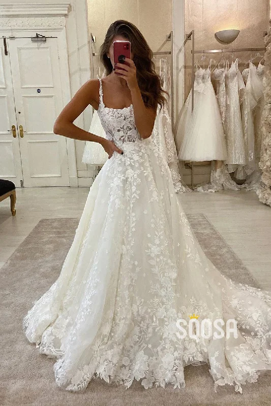 Unique Square Neckline Ivory Lace Wedding Dress Bridal Gown QW2589