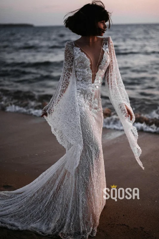 Plunging V-neck Bat Sleeves Lace Bohemian Wedding Dress QW2658