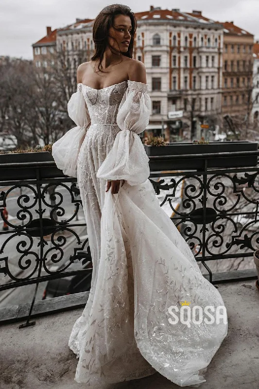 Unique Off-the-Shoulder Lace Wedding Dress Ivory Long Sleeves Bohemian Bridal Gown QW2705