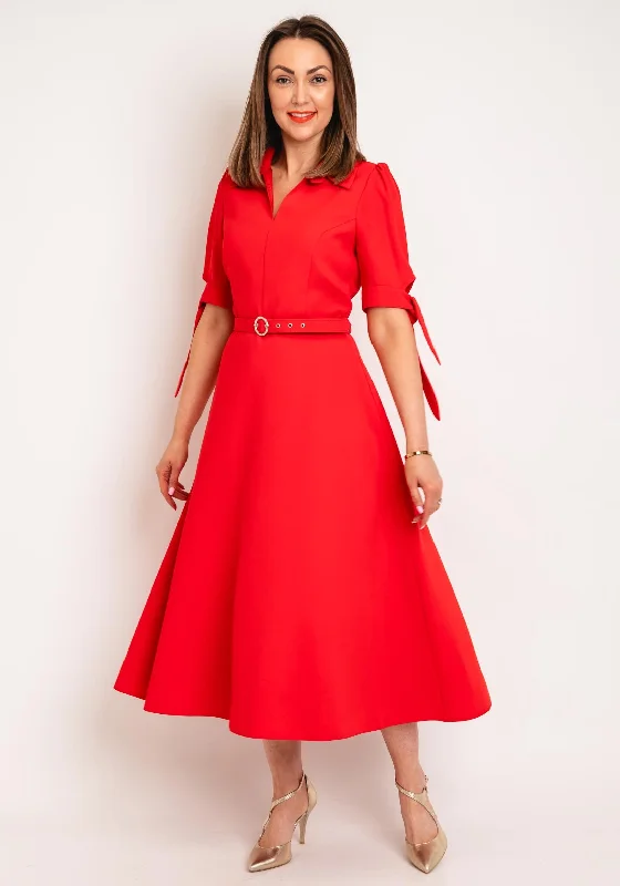 Ella Boo Collar Belted Fit and Flare Dress, Red