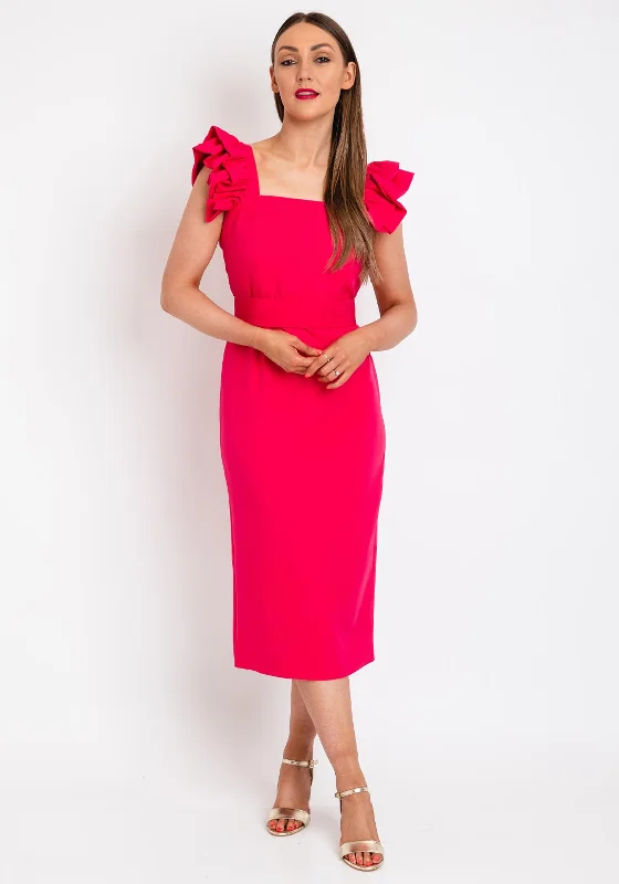 Herysa Iris Ruffle Sleeve Midi Dress, Fuchsia