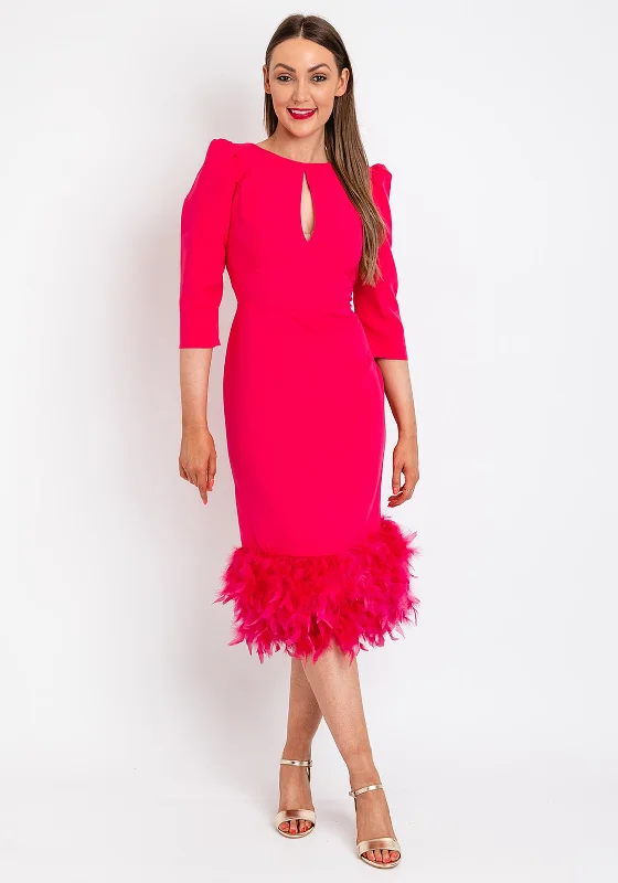 Herysa Begona Feather Trim Hem Midi Dress, Fuchsia