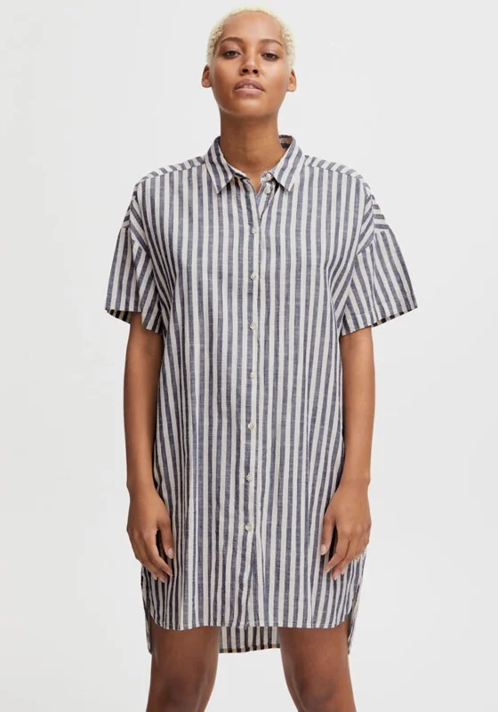 Ichi Striped Oversized Long Shirt, Natural