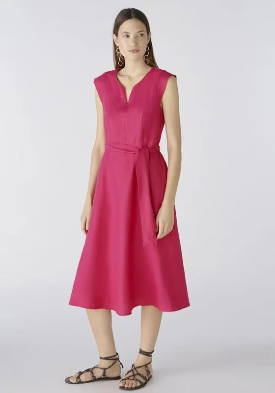 Oui Linen Cotton Fit and Flare Midi Dress, Pink