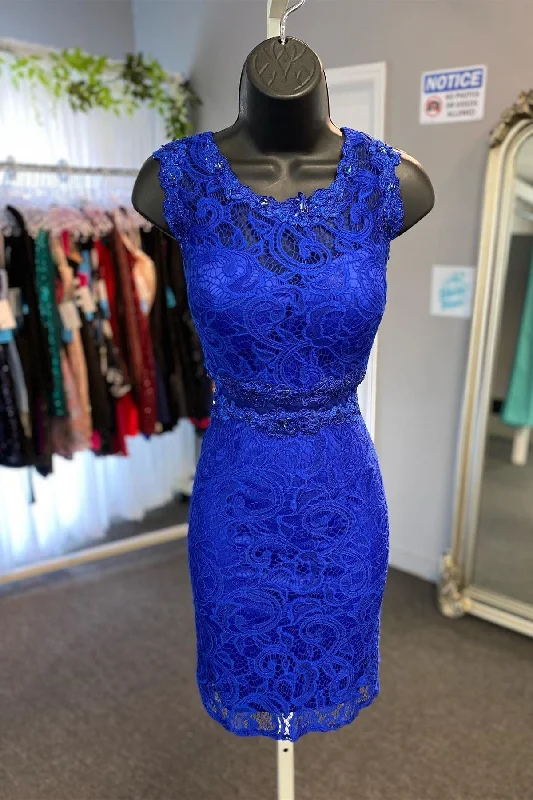 Royal Blue Sheer Lace Bodice Tight Homecoming Dress