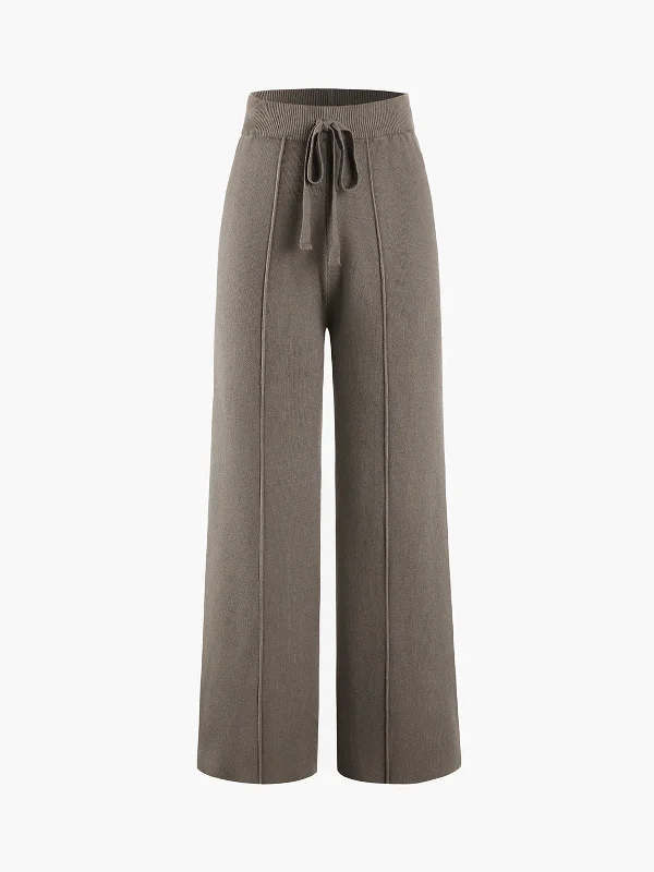 BerryBetty - Solid Rib Drawstring Wide Leg Pants