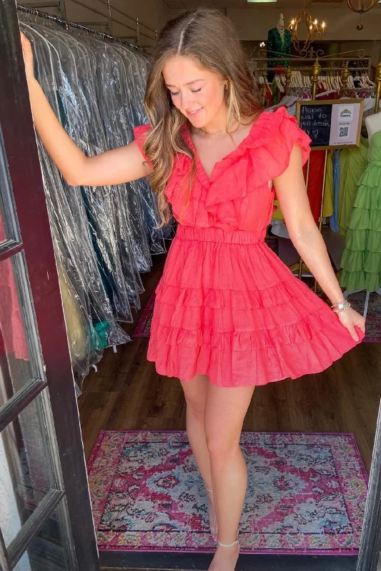 Watermelon V Neck Ruffles Multi-Layers Homecoming Dress