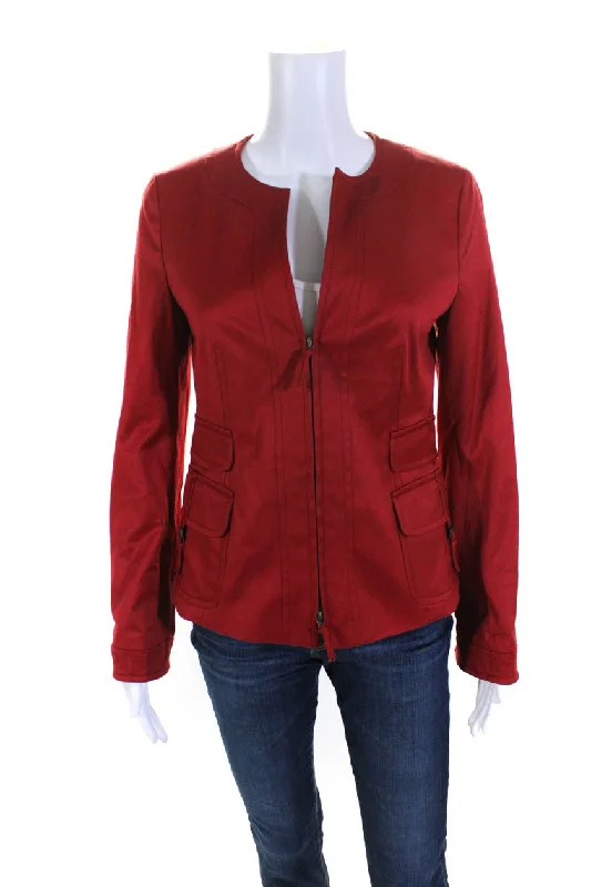 Akris Punto Womens Front Zip Long Sleeve Crew Neck Light Jacket Red