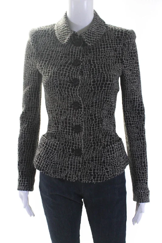 Armani Collezioni Womens Button Front Collared Croc Printed Jacket Black Gray 4