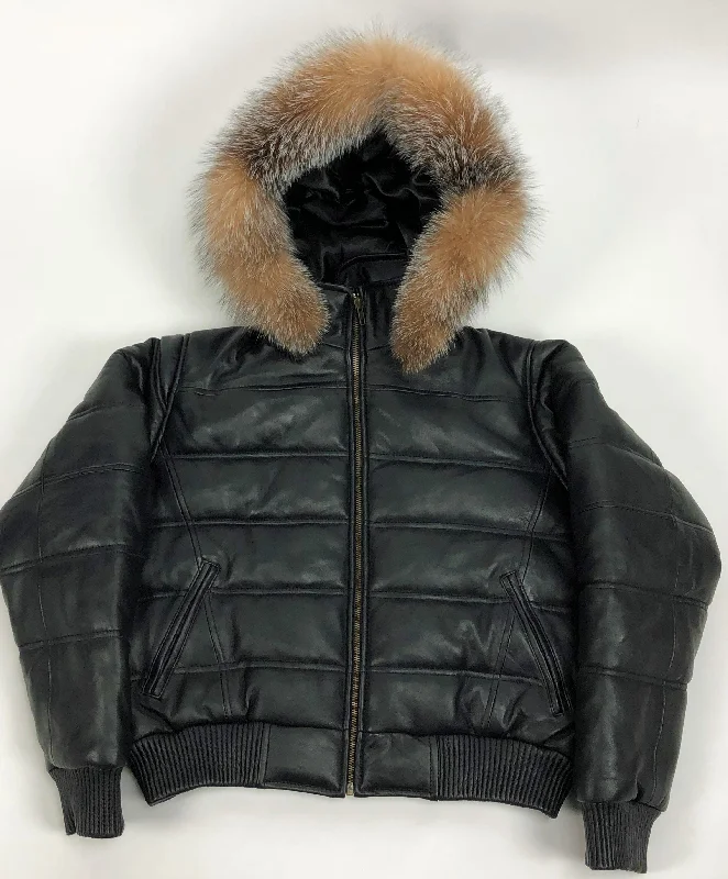 Women's Leather Snorkel Bomber Jacket Premium Fox (crystal fur)