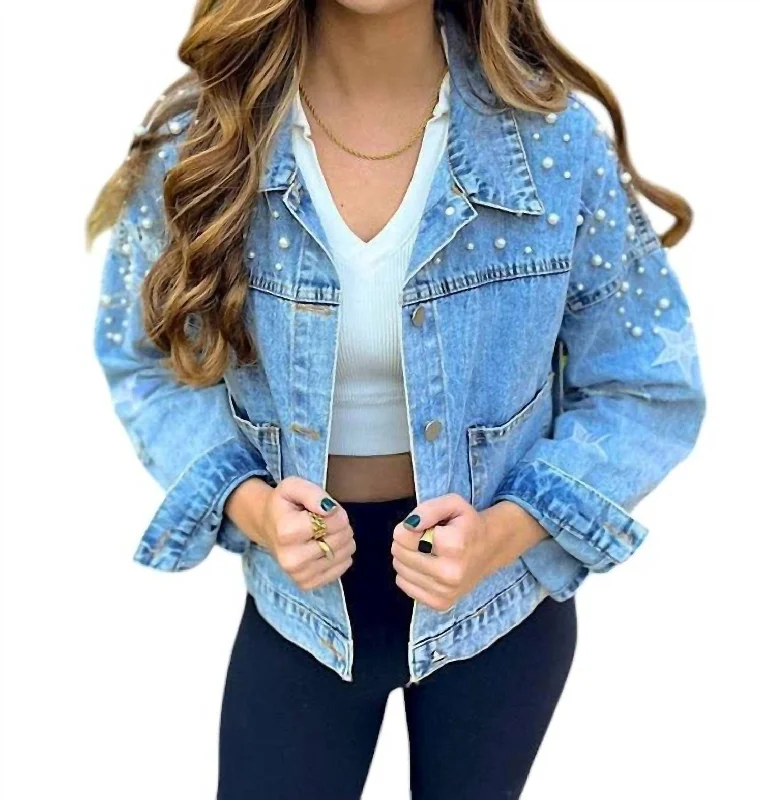 Pearl Studded Denim Jacket In Light Wash