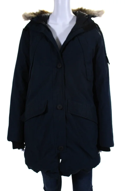 Penfield Womens Navy Zip Fur Removable Trim Long Sleeve Coat