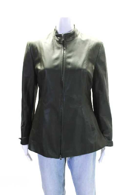 Punto Pelle Roma Womens Long Sleeves Full Zip Pockets Leather Jacket Green