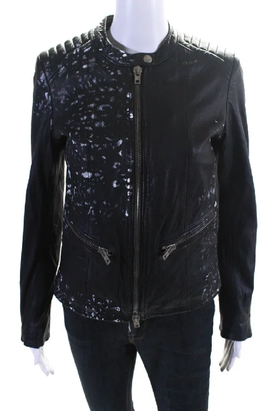 S.W.O.R.D Womens Front Zip Paint Splatter Leather Jacket Black White