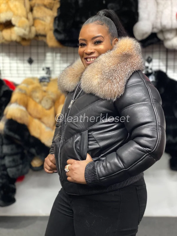 Women's V-Bomber Black Premium Fox Fur Collar [Crystal Fur]