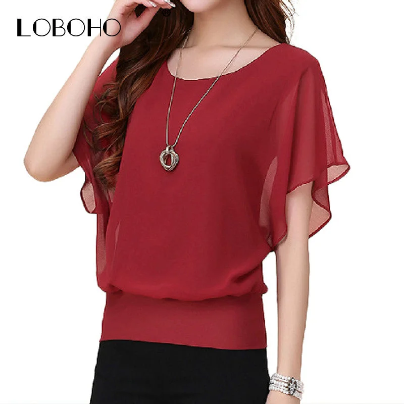 New Womens Tops Fashion 2017 Women Summer Chiffon Blouse Plus Size Ruffle Batwing Short Sleeve Casual Shirt Black White Red Blue