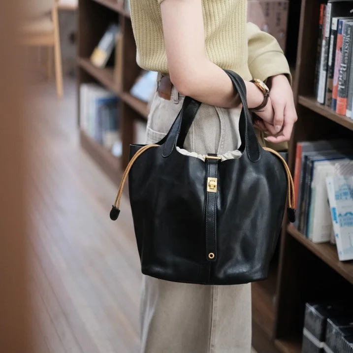 Small Ladies Brown Leather Bucket Bag Top Handle Handbag