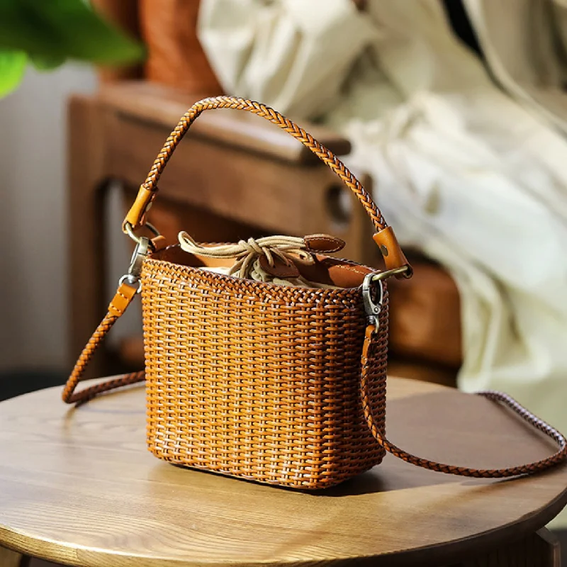 Womens Woven Genuine Leather Bucket Bags Top Handle Handbag