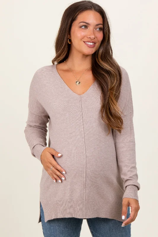 Beige Front Seam V-Neck Side Slit Maternity Sweater