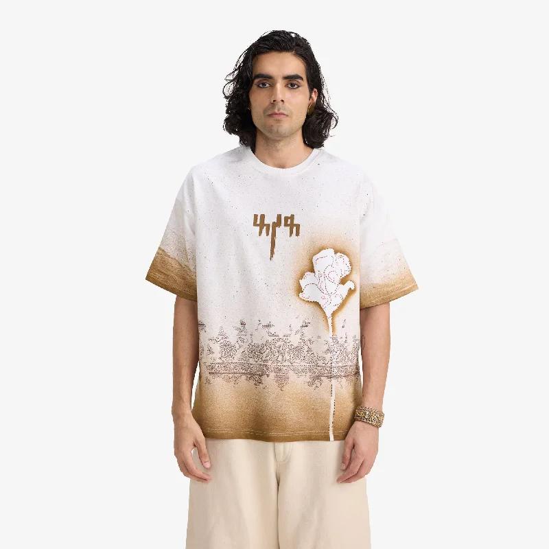 F A R A K | BURNING FLOWER HANDMADE T-SHIRT { WHITE/WHITE