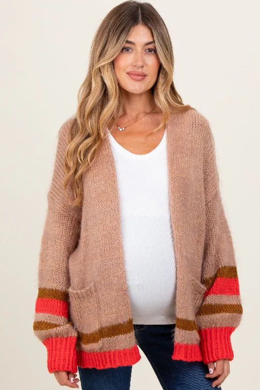 Camel Chunky Knit Stripe Detail Maternity Sweater Cardigan