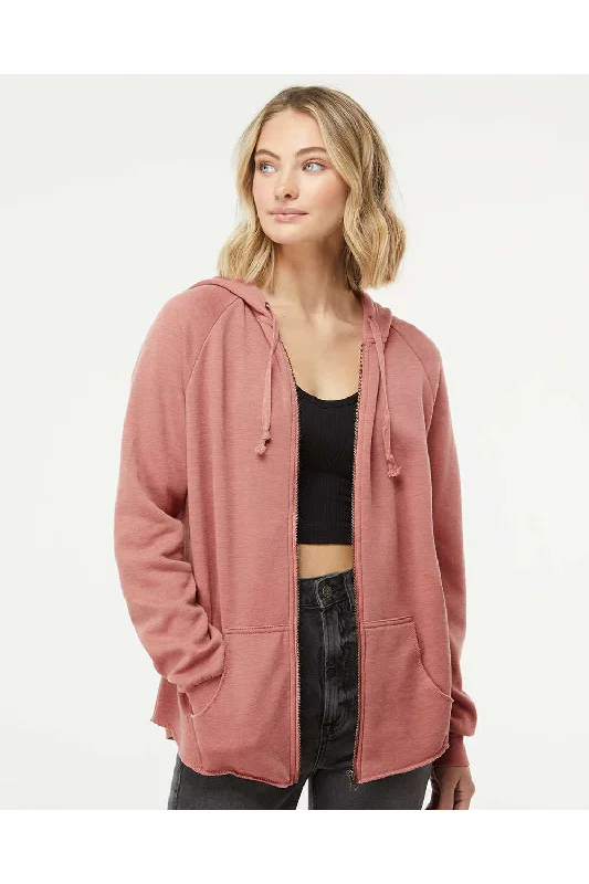 Independent Trading Co. Womens California Wave Wash Full Zip Hooded Sweatshirt Hoodie - Dusty Rose