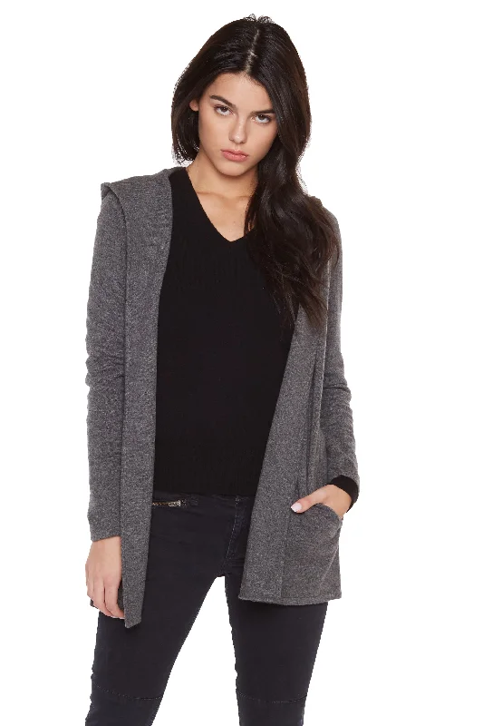 JENNIE LIU Women's 100% Pure Cashmere Hooded Open-Front Long Cardigan Sweater