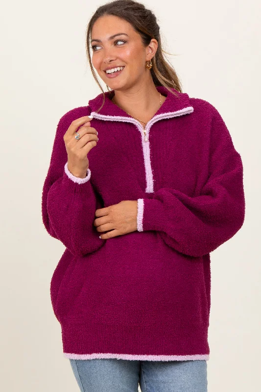 Magenta Soft Fuzzy Knit Quarter Zip Maternity Pullover Sweater