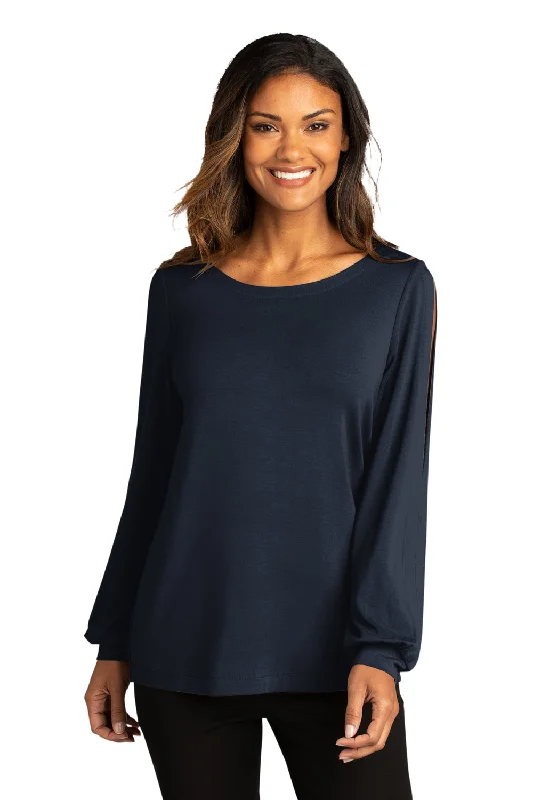 Port Authority Womens Luxe Knit Long Sleeve Wide Neck T-Shirt - River Navy Blue