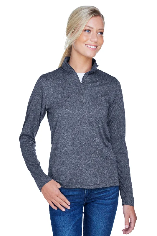 UltraClub Womens Heather Cool & Dry Performance Moisture Wicking 1/4 Zip Sweatshirt - Heather Navy Blue