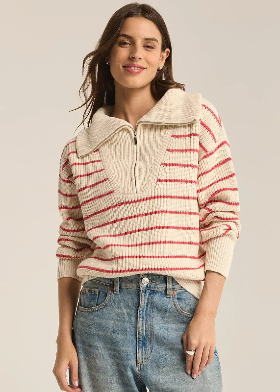 Villa Half Zip Stripe Sweater - Red Pepper